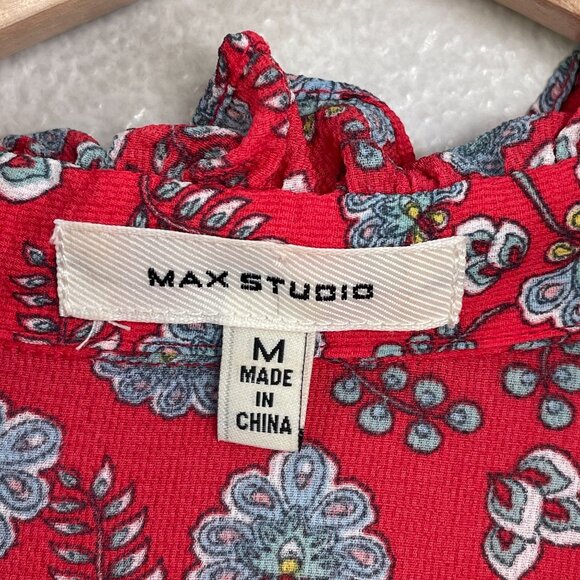 Max Studio Womens Medium Red Floral Maxi Tiered Dress Ruffle Trim Short Sleeve - Picture 3 of 9